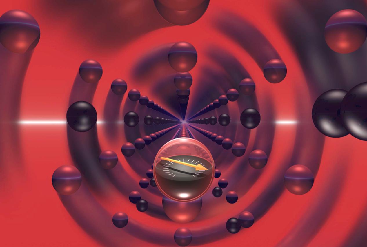 The image shows an artistic visualization of a quantum tunnel or vortex in red and purple tones, with spherical particles arranged in a spiral pattern. At the center is what appears to be a compass or gauge-like instrument.