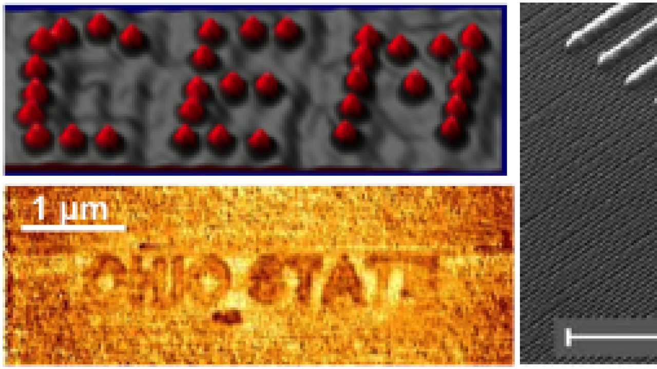 Images depicting "CEM" and "Ohio State" written in atoms manipulated via atomic microscopy